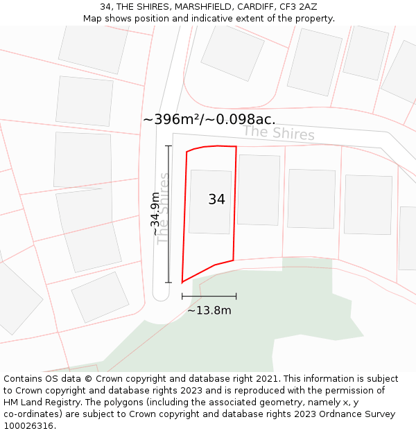 34, THE SHIRES, MARSHFIELD, CARDIFF, CF3 2AZ: Plot and title map