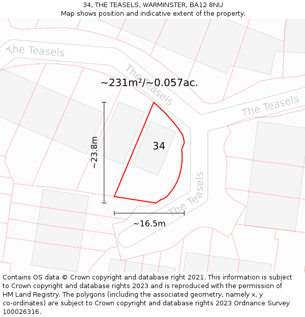 34, THE TEASELS, WARMINSTER, BA12 8NU: Plot and title map