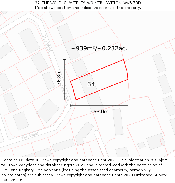 34, THE WOLD, CLAVERLEY, WOLVERHAMPTON, WV5 7BD: Plot and title map