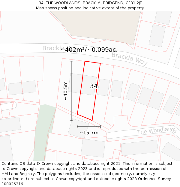 34, THE WOODLANDS, BRACKLA, BRIDGEND, CF31 2JF: Plot and title map