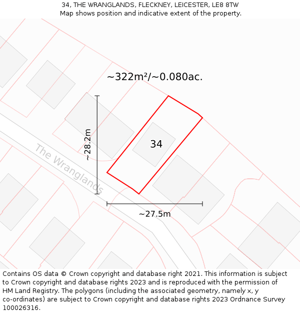 34, THE WRANGLANDS, FLECKNEY, LEICESTER, LE8 8TW: Plot and title map