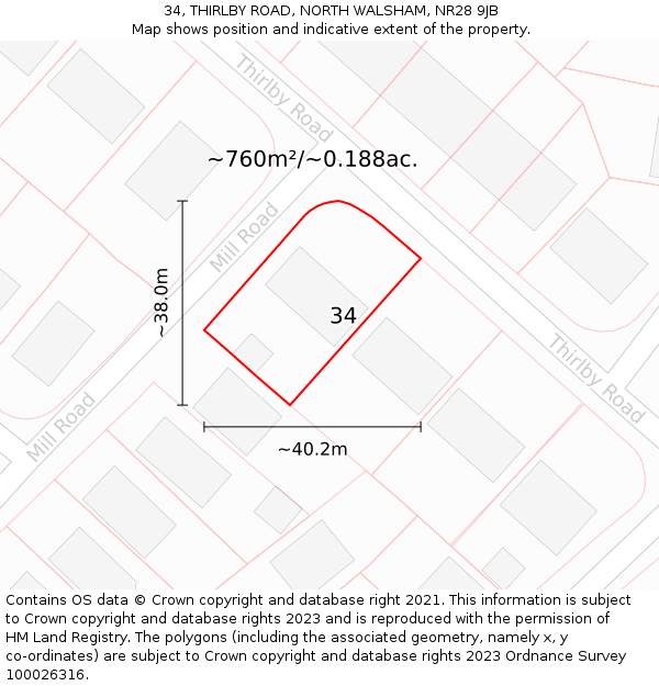 34, THIRLBY ROAD, NORTH WALSHAM, NR28 9JB: Plot and title map