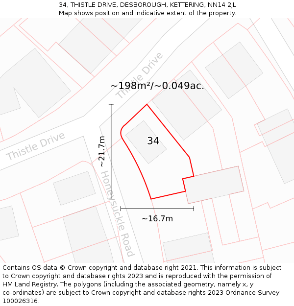 34, THISTLE DRIVE, DESBOROUGH, KETTERING, NN14 2JL: Plot and title map