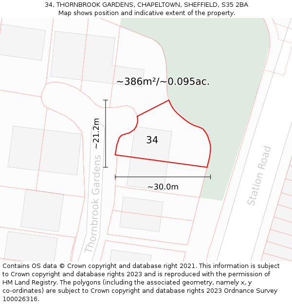 34, THORNBROOK GARDENS, CHAPELTOWN, SHEFFIELD, S35 2BA: Plot and title map