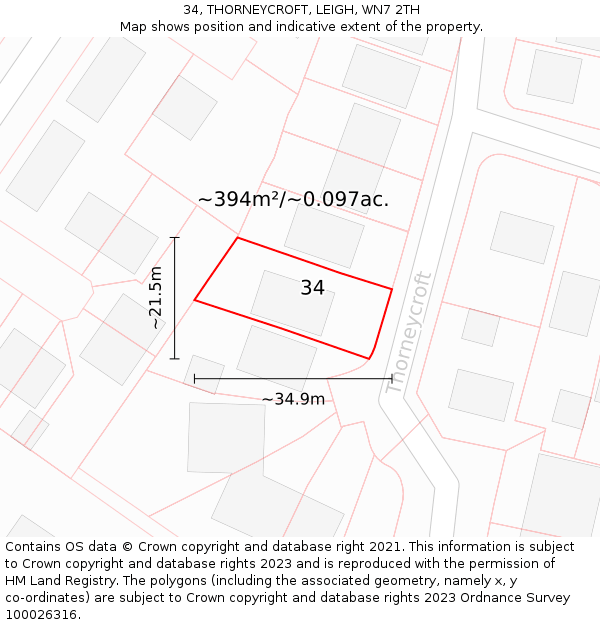 34, THORNEYCROFT, LEIGH, WN7 2TH: Plot and title map