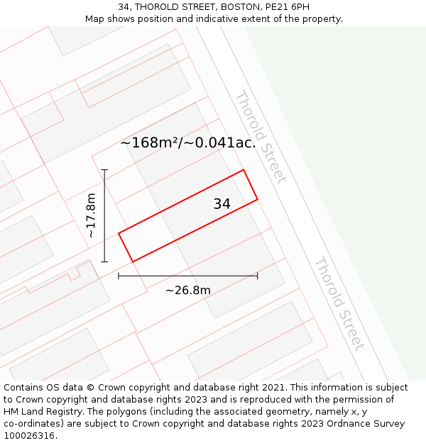 34, THOROLD STREET, BOSTON, PE21 6PH: Plot and title map