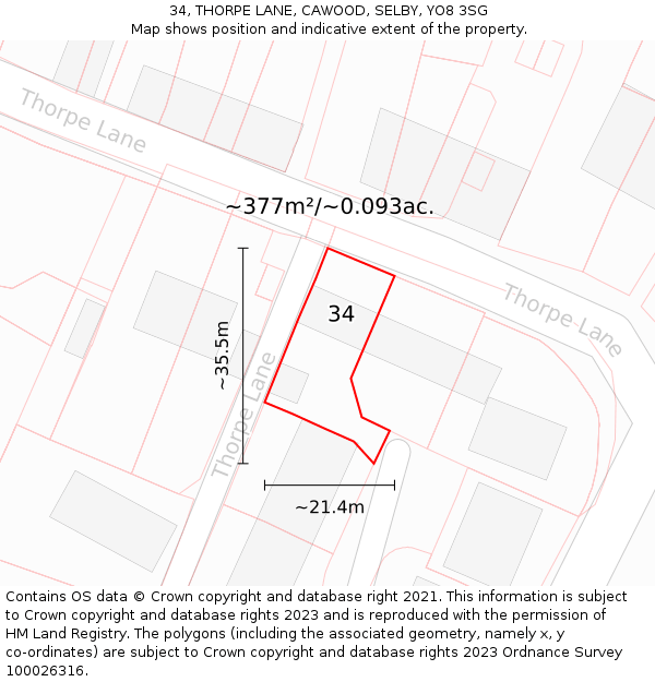 34, THORPE LANE, CAWOOD, SELBY, YO8 3SG: Plot and title map
