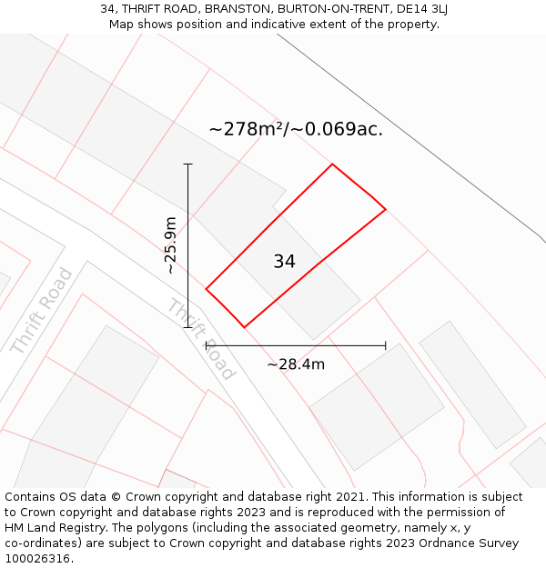 34, THRIFT ROAD, BRANSTON, BURTON-ON-TRENT, DE14 3LJ: Plot and title map