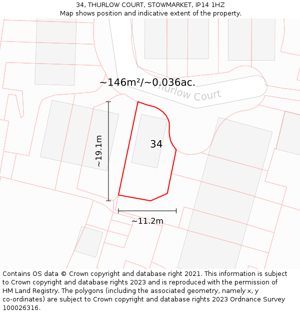34, THURLOW COURT, STOWMARKET, IP14 1HZ: Plot and title map