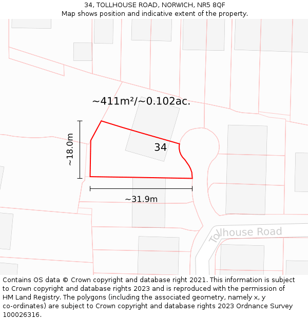 34, TOLLHOUSE ROAD, NORWICH, NR5 8QF: Plot and title map