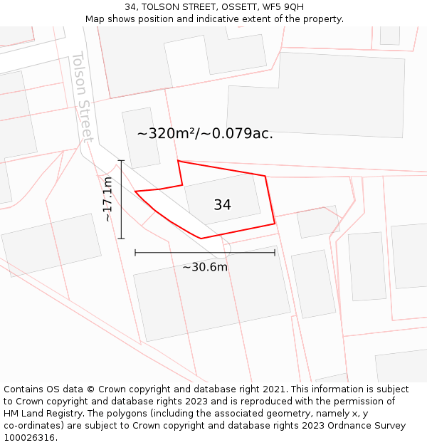 34, TOLSON STREET, OSSETT, WF5 9QH: Plot and title map
