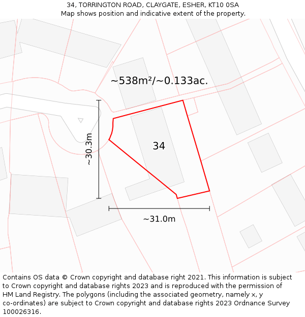34, TORRINGTON ROAD, CLAYGATE, ESHER, KT10 0SA: Plot and title map