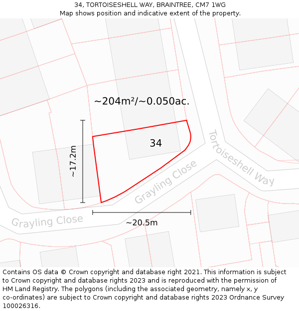 34, TORTOISESHELL WAY, BRAINTREE, CM7 1WG: Plot and title map