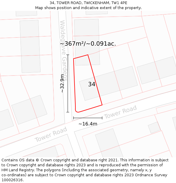 34, TOWER ROAD, TWICKENHAM, TW1 4PE: Plot and title map