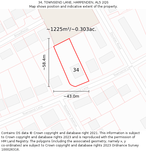 34, TOWNSEND LANE, HARPENDEN, AL5 2QS: Plot and title map
