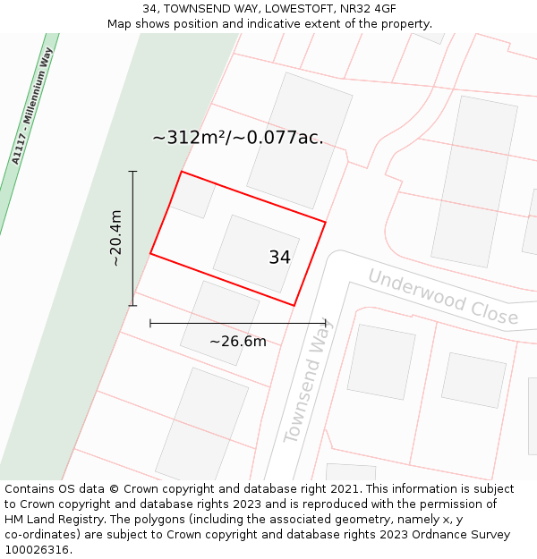 34, TOWNSEND WAY, LOWESTOFT, NR32 4GF: Plot and title map