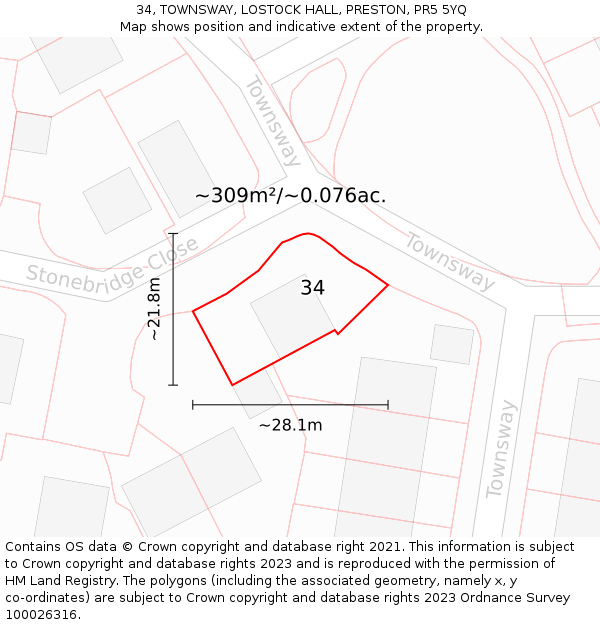 34, TOWNSWAY, LOSTOCK HALL, PRESTON, PR5 5YQ: Plot and title map