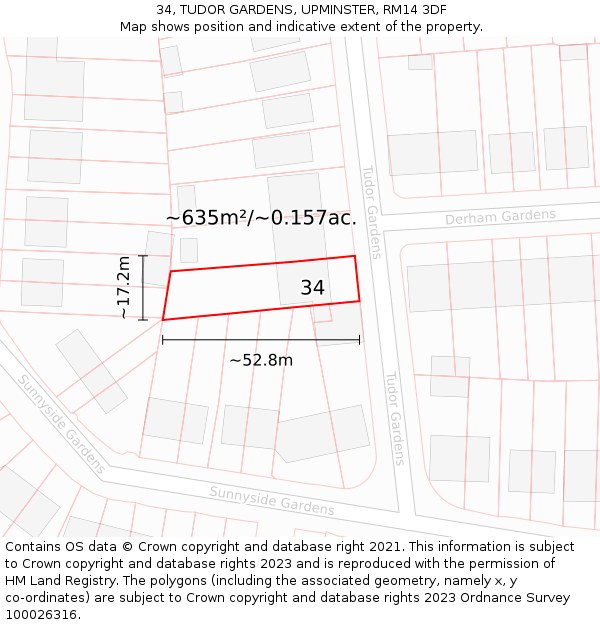 34, TUDOR GARDENS, UPMINSTER, RM14 3DF: Plot and title map