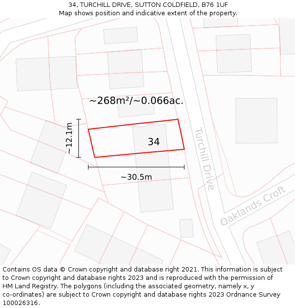 34, TURCHILL DRIVE, SUTTON COLDFIELD, B76 1UF: Plot and title map