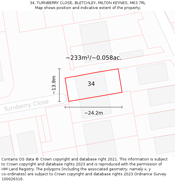 34, TURNBERRY CLOSE, BLETCHLEY, MILTON KEYNES, MK3 7RL: Plot and title map