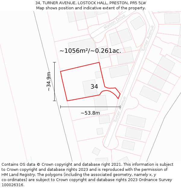 34, TURNER AVENUE, LOSTOCK HALL, PRESTON, PR5 5LW: Plot and title map