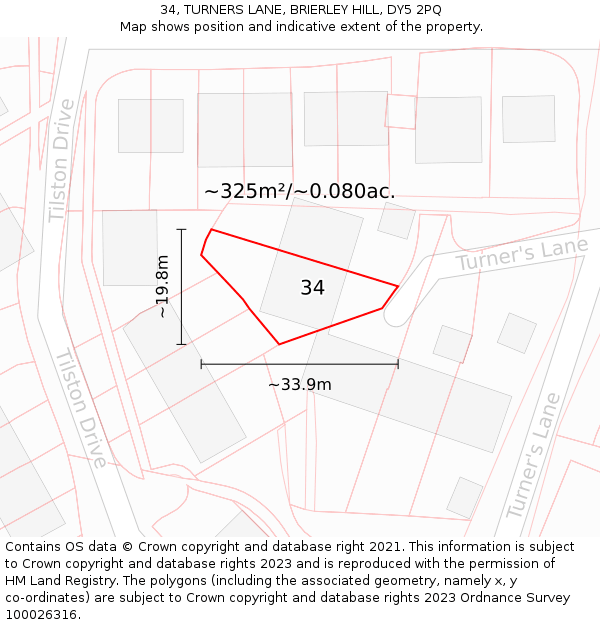 34, TURNERS LANE, BRIERLEY HILL, DY5 2PQ: Plot and title map