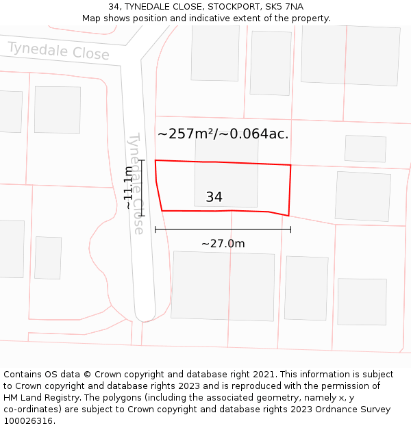 34, TYNEDALE CLOSE, STOCKPORT, SK5 7NA: Plot and title map