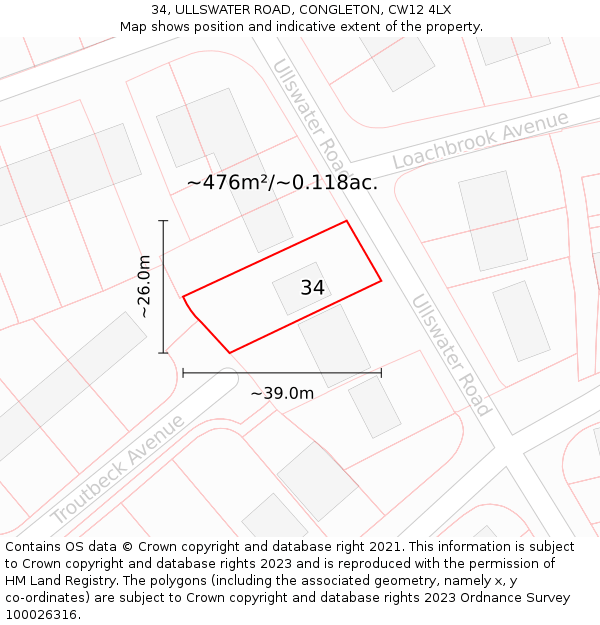 34, ULLSWATER ROAD, CONGLETON, CW12 4LX: Plot and title map