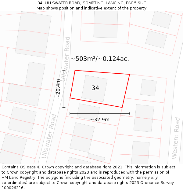 34, ULLSWATER ROAD, SOMPTING, LANCING, BN15 9UG: Plot and title map