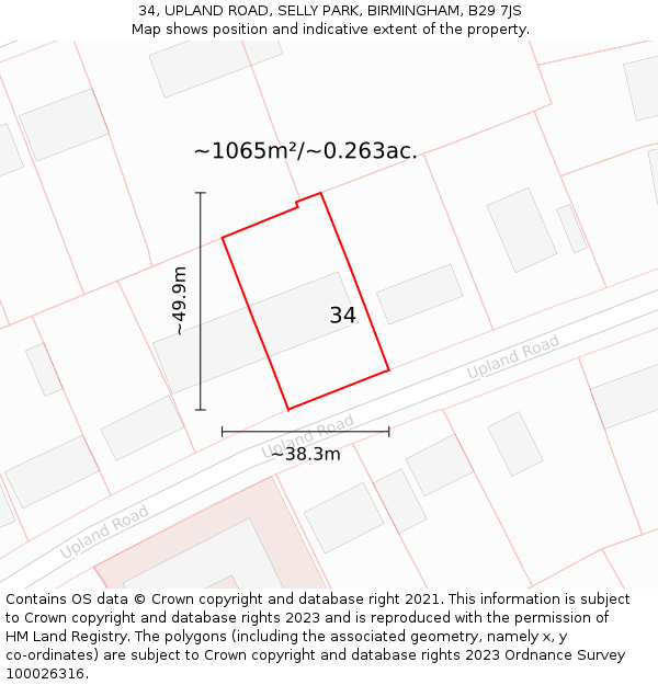 34, UPLAND ROAD, SELLY PARK, BIRMINGHAM, B29 7JS: Plot and title map