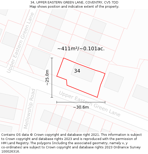 34, UPPER EASTERN GREEN LANE, COVENTRY, CV5 7DD: Plot and title map