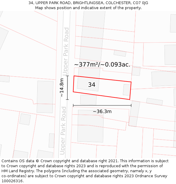 34, UPPER PARK ROAD, BRIGHTLINGSEA, COLCHESTER, CO7 0JG: Plot and title map