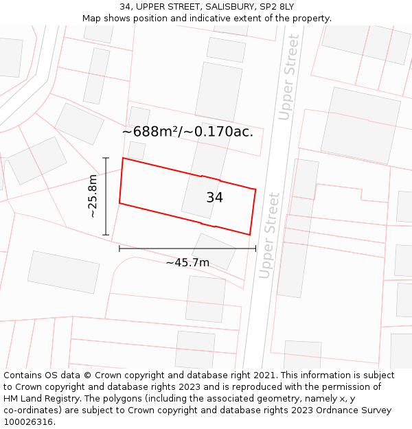 34, UPPER STREET, SALISBURY, SP2 8LY: Plot and title map