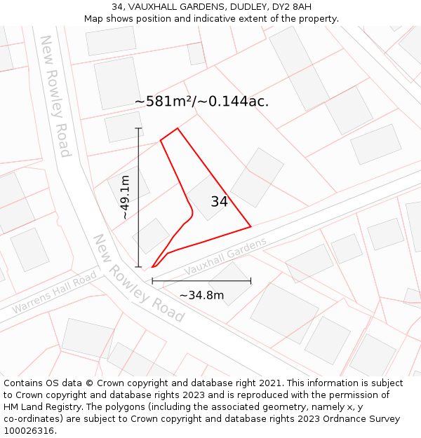 34, VAUXHALL GARDENS, DUDLEY, DY2 8AH: Plot and title map
