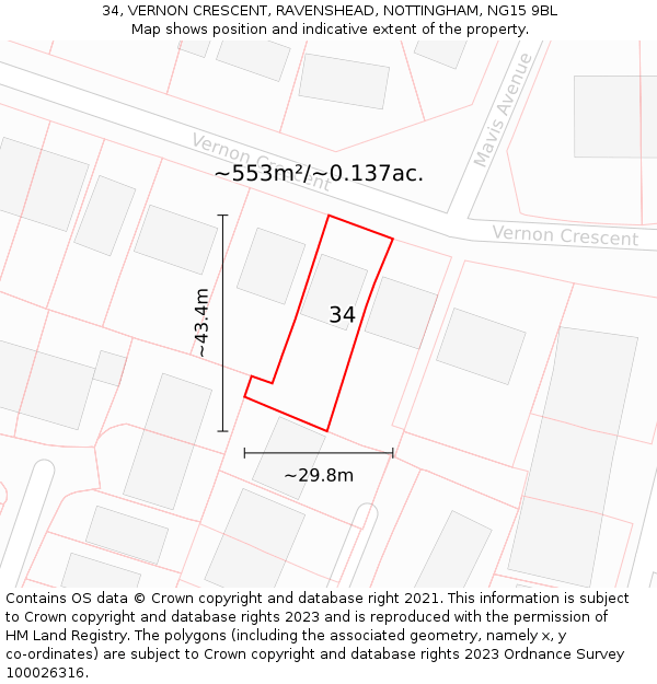 34, VERNON CRESCENT, RAVENSHEAD, NOTTINGHAM, NG15 9BL: Plot and title map