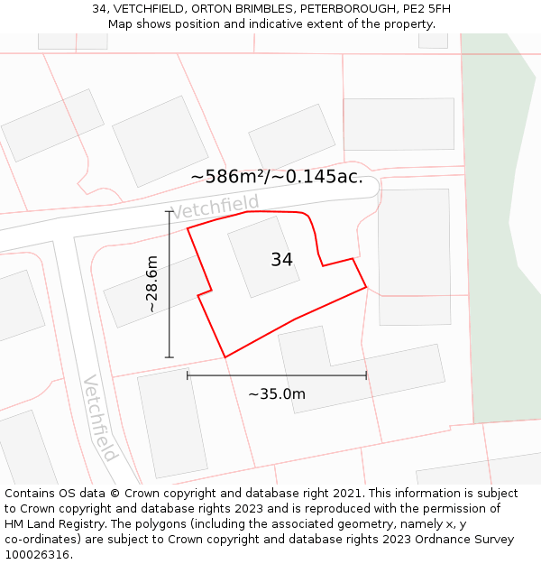 34, VETCHFIELD, ORTON BRIMBLES, PETERBOROUGH, PE2 5FH: Plot and title map