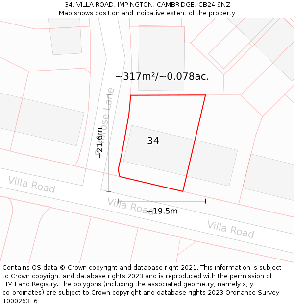 34, VILLA ROAD, IMPINGTON, CAMBRIDGE, CB24 9NZ: Plot and title map