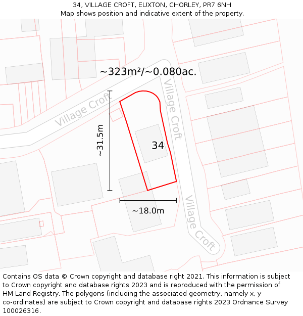 34, VILLAGE CROFT, EUXTON, CHORLEY, PR7 6NH: Plot and title map
