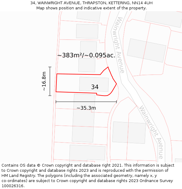 34, WAINWRIGHT AVENUE, THRAPSTON, KETTERING, NN14 4UH: Plot and title map