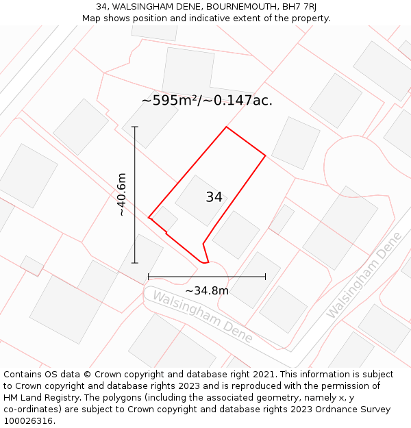 34, WALSINGHAM DENE, BOURNEMOUTH, BH7 7RJ: Plot and title map
