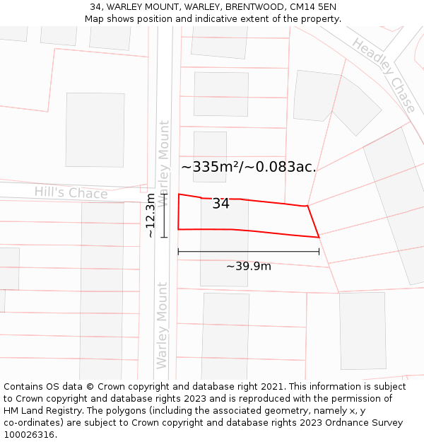 34, WARLEY MOUNT, WARLEY, BRENTWOOD, CM14 5EN: Plot and title map