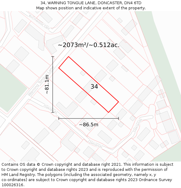 34, WARNING TONGUE LANE, DONCASTER, DN4 6TD: Plot and title map