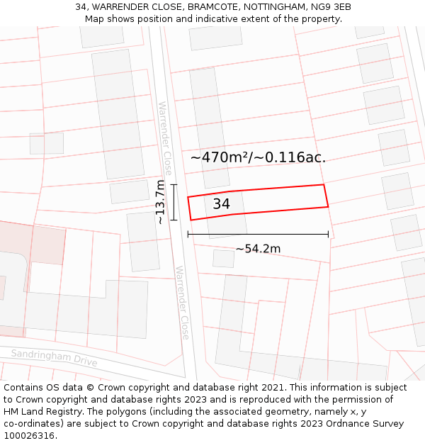 34, WARRENDER CLOSE, BRAMCOTE, NOTTINGHAM, NG9 3EB: Plot and title map