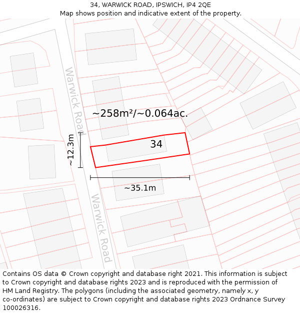 34, WARWICK ROAD, IPSWICH, IP4 2QE: Plot and title map