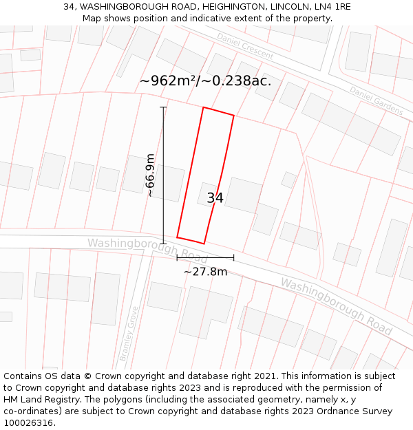 34, WASHINGBOROUGH ROAD, HEIGHINGTON, LINCOLN, LN4 1RE: Plot and title map