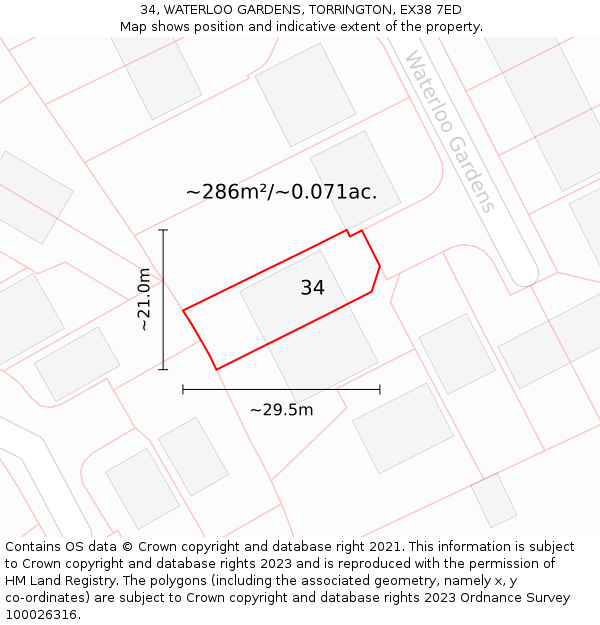 34, WATERLOO GARDENS, TORRINGTON, EX38 7ED: Plot and title map