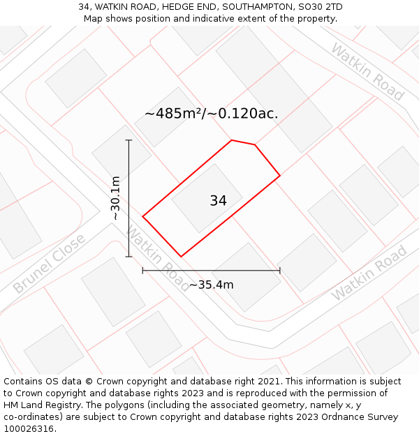 34, WATKIN ROAD, HEDGE END, SOUTHAMPTON, SO30 2TD: Plot and title map