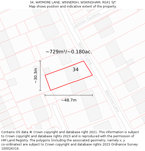 34, WATMORE LANE, WINNERSH, WOKINGHAM, RG41 5JT: Plot and title map