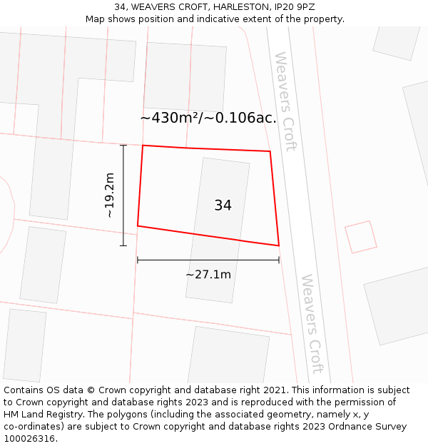 34, WEAVERS CROFT, HARLESTON, IP20 9PZ: Plot and title map