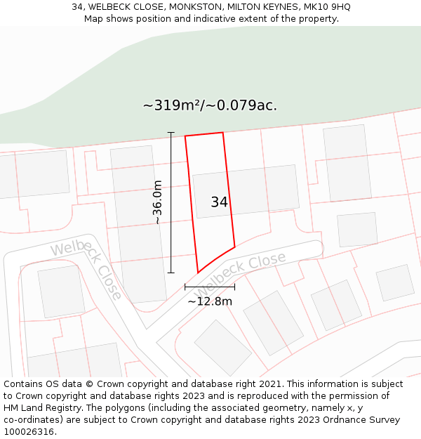 34, WELBECK CLOSE, MONKSTON, MILTON KEYNES, MK10 9HQ: Plot and title map